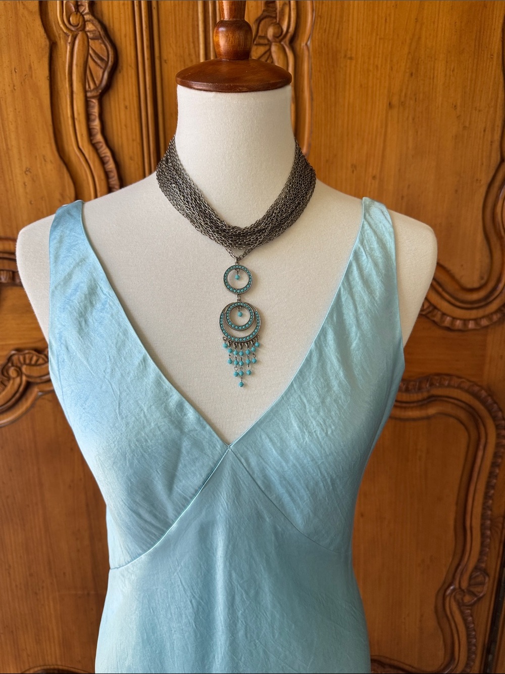 Adjustable Turquoise Beaded Multi-Strand Pendant Necklace - Women Jewelry